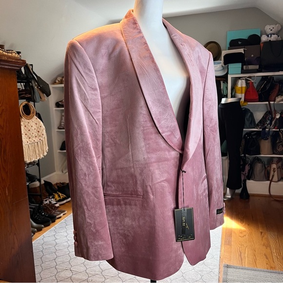 AZARMAN Slim Fit 1 Button Pink Pastel Velvet Shawl Dinner Jacket Sz 48 S - Picture 9 of 9